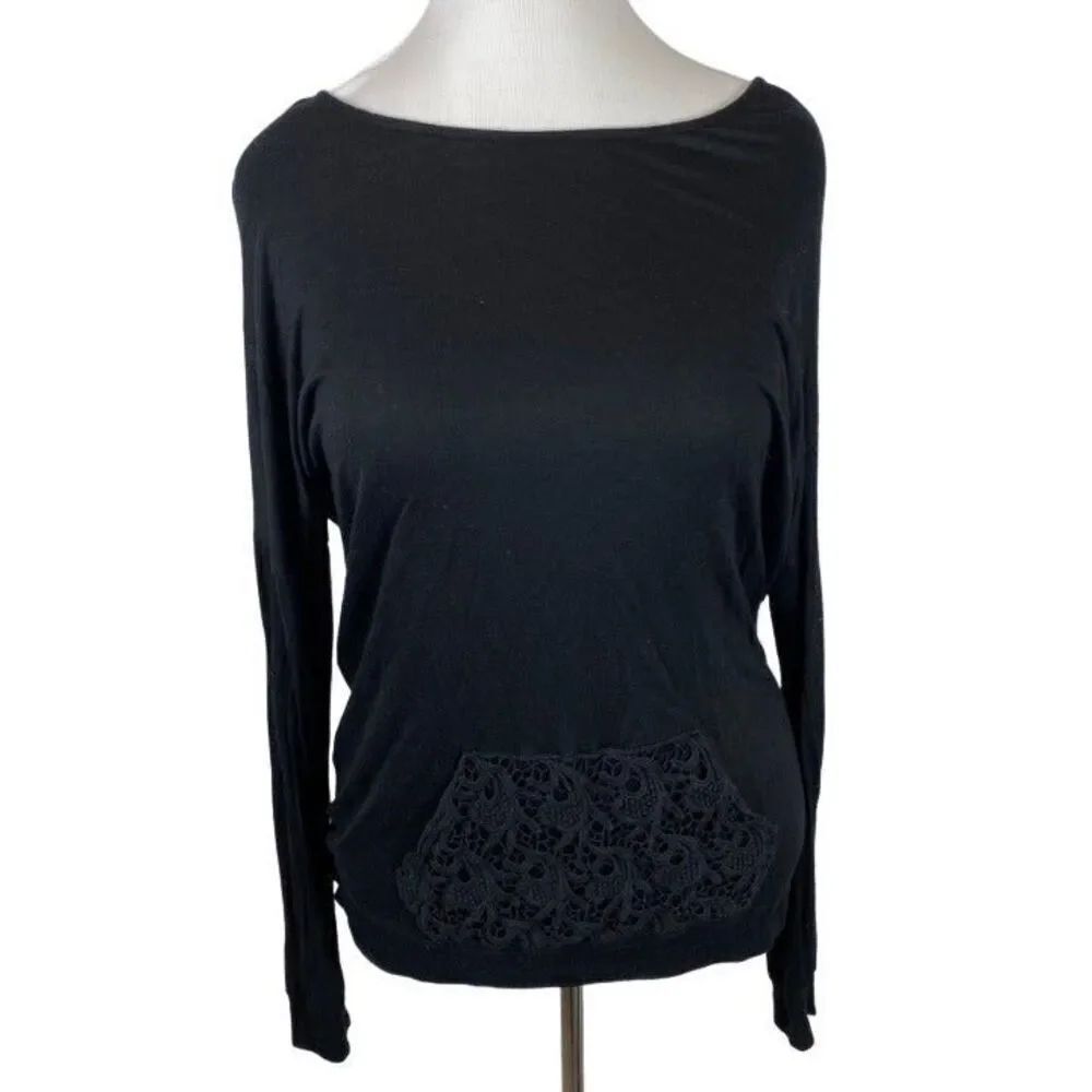 Anthropologie black tunic with lace pocket and lace up back- size M